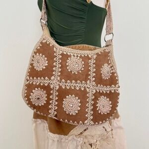 Boho Crochet Suede Shoulder Bag Festival Vintage Inspired